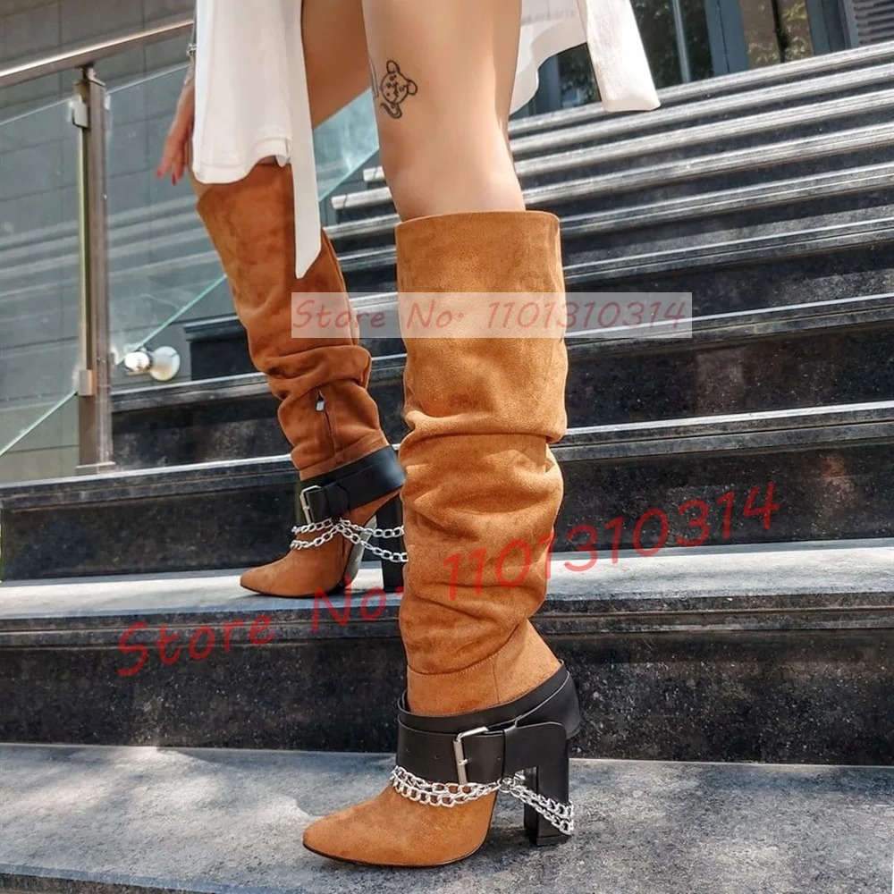 Belt Buckle Brown Knee Boots Women Trendy High Block Heels Pointy Toe Shoes Ladies Streetwear Metal Chain Decor Retro Boots