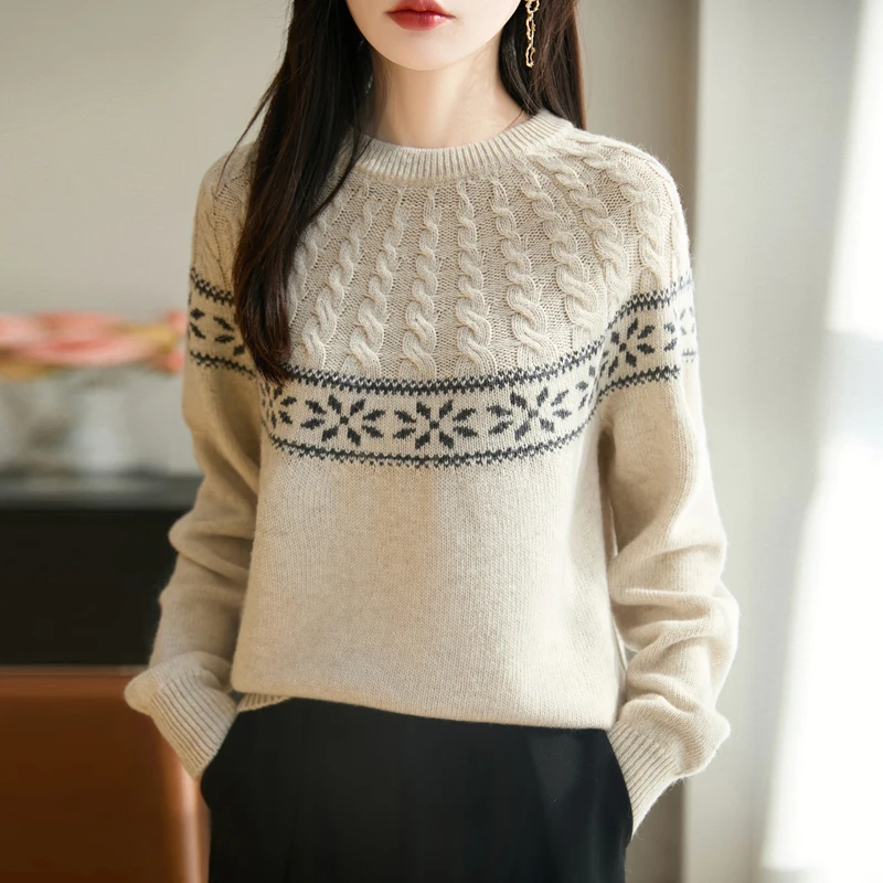 

Autumn Winter Women's New Warm Knitted Round Neck Retro Loose Sweater Fashionable Elegant Casual Women's Long-sleeved Pullover