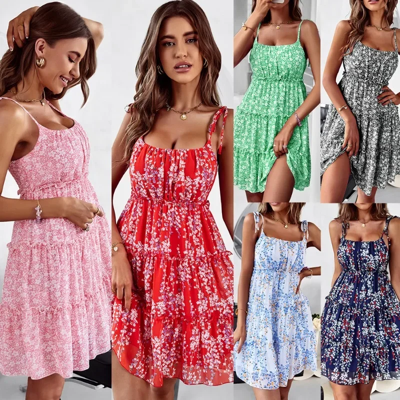 Verano sin mangas estampado ocio vestidos de longitud media tirantes vestido Floral mujer moda elegante borde de oreja de madera falda acampanada