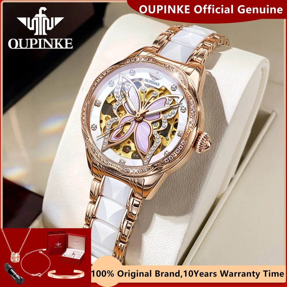 OUPINKE Automatic Mechanical Watches for Women Luxury Sapphire Crystal Mirror Elegant Ceramics Watchband Ladies Wristwatch 3239