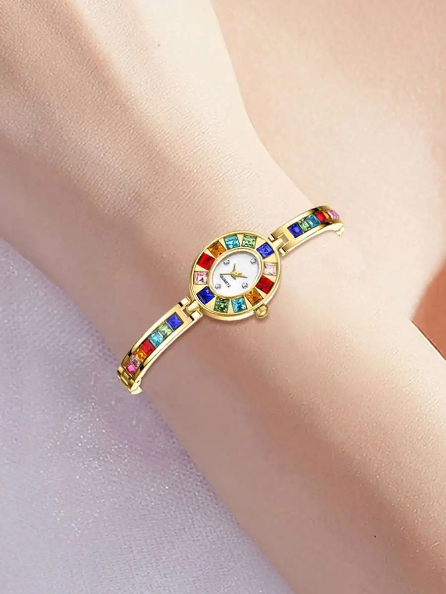 1pc Elegant Women's Watch, Featuring Exquisite Luxury Design With Colored Diamonds, Ladies Quartz Watch With Stainless Steel
