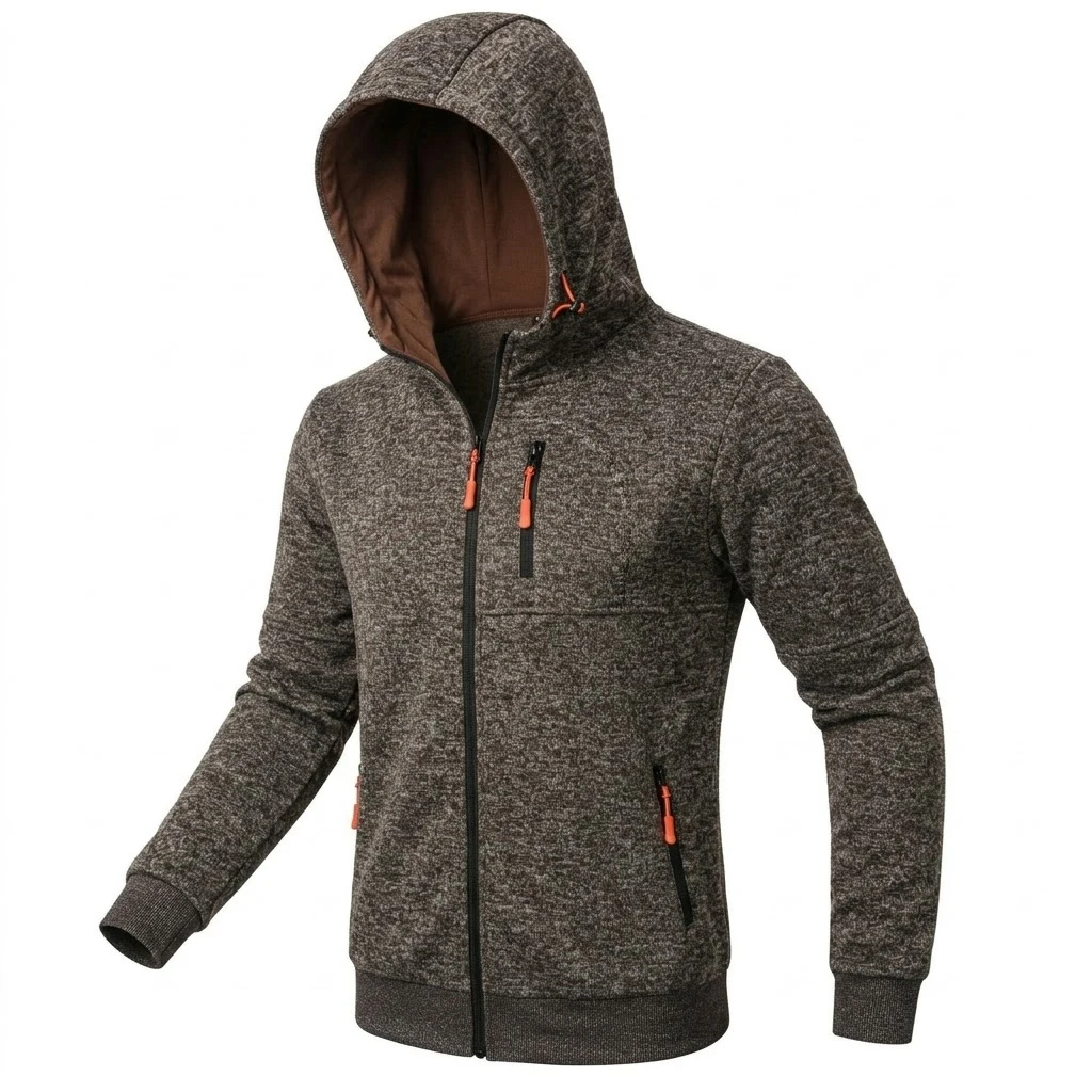Herren Outdoor Zip Hoodie Lässiger Fleece-Sweatshirt Langarm Winter Warme Strickjacke Mantel mit Mehreren Reißverschlusstaschen Oberbekleidung – Detail 11