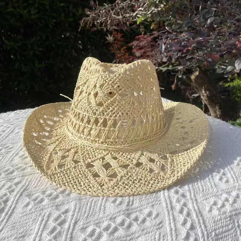 Sombrero de paja de vaquero occidental para mujer, sombrero de paja de ala grande al aire libre para fiesta a la moda, sombrilla de vaquero de