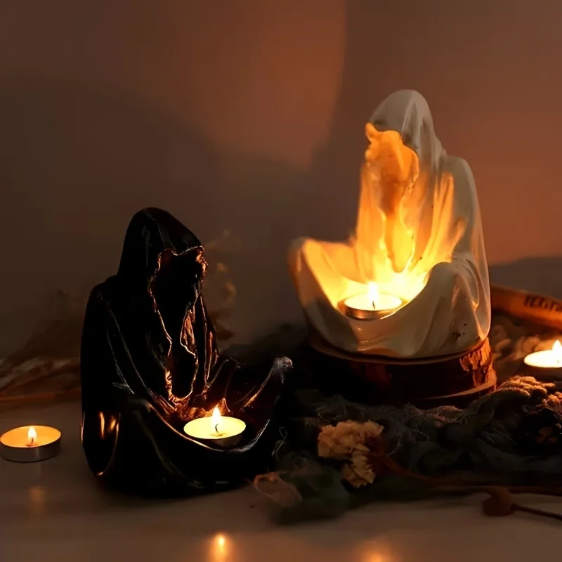 3D Printed Faceless Cloaked Tealight Holder White Gothic Figurine Halloween Table Decor Spooky Holiday Candle Decor