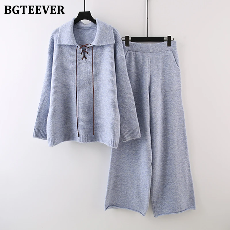 

BGTEEVER винтажные осенне-зимние женские трикотажные наряды с длинными рукавами и лацканами на шнуровке, свитера, джемперы и широкие брюки с высокой талией