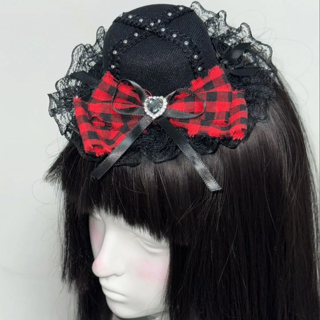 Lolita Sweet Plaid Bow Mini Top Hat Hair Clip Y2K Burgundy Hairpin Accessories Women Embroidery Lace Stitching Headpiece Female