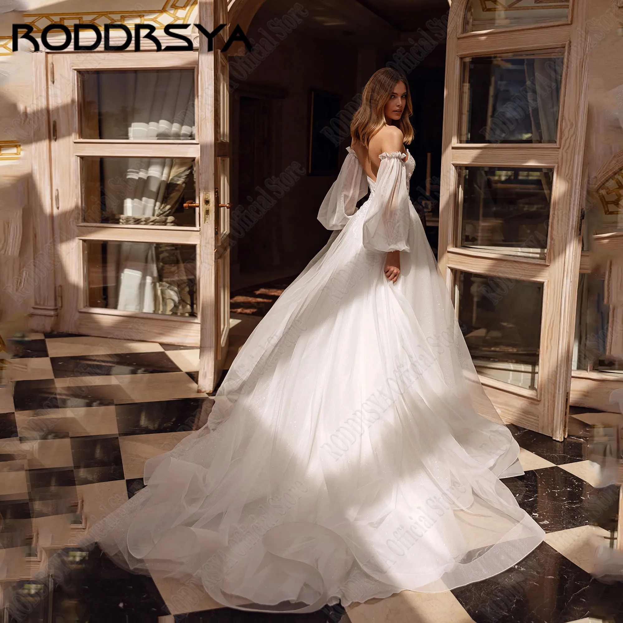 RODDRSYA ประกายชุดแต่งงานแขนที่ถอดออกได้ Strapless A-Line ชุดเจ้าสาว Appliques ที่กําหนดเองชุดเจ้าสาวเปลือย