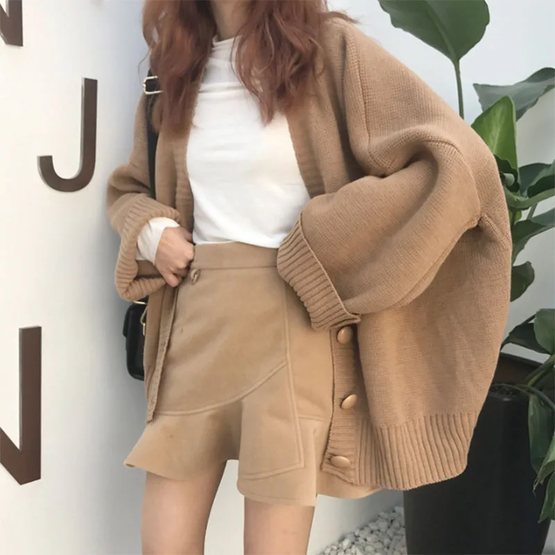 Women\'s Harajuku Oversized Knitted Cardigan Autumn Winter Thicken Warm Button Up Sweater Ladies Solid All-match Loose Knit Coat