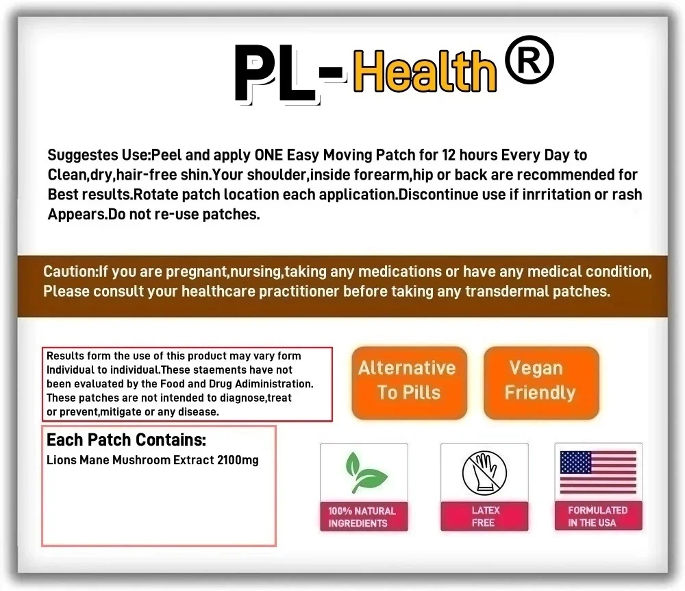 30 Patches Lions Mane Mushrooms Transdermal Patches mit BioPerine Nootropic Brain für Gedächtnis und Konzentration