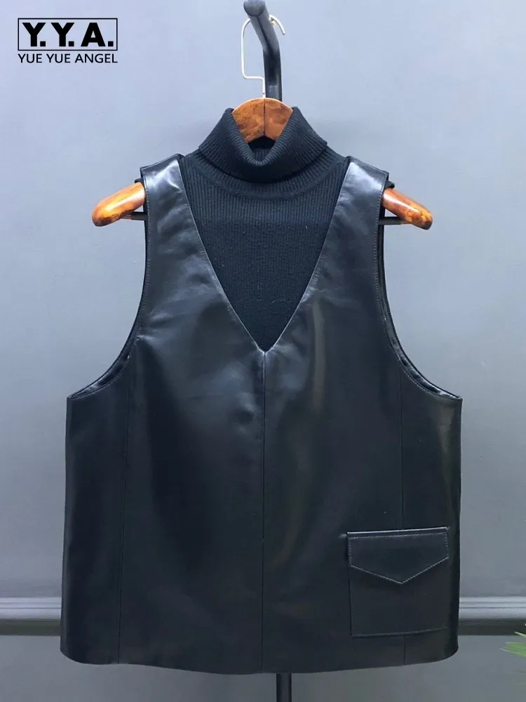 Office Ladies Pocket Genuine Leather Vest Solid Color V-Neck Zipper Handmade Waistcoats Loose Sleeveless Sheepskin Vests
