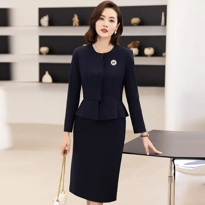 Elegant Women Pencil Skirt Suit 2023 New Korean Blue Black Orange O-Neck Formal Business Office Ladies Blazer Jacket 2 Piece Set