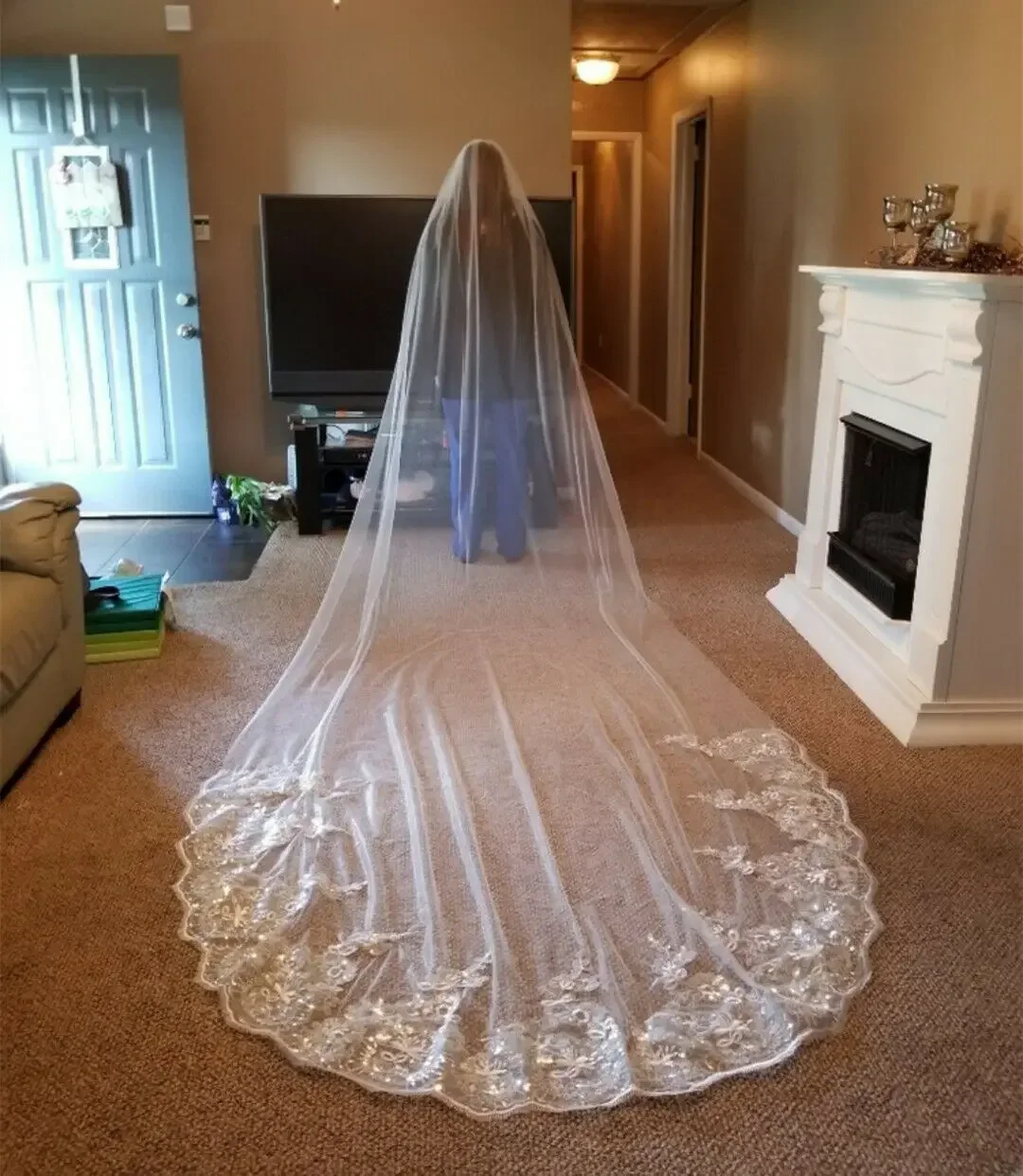 Long Cathedral Bridal Wedding Veil + COMB White Ivory