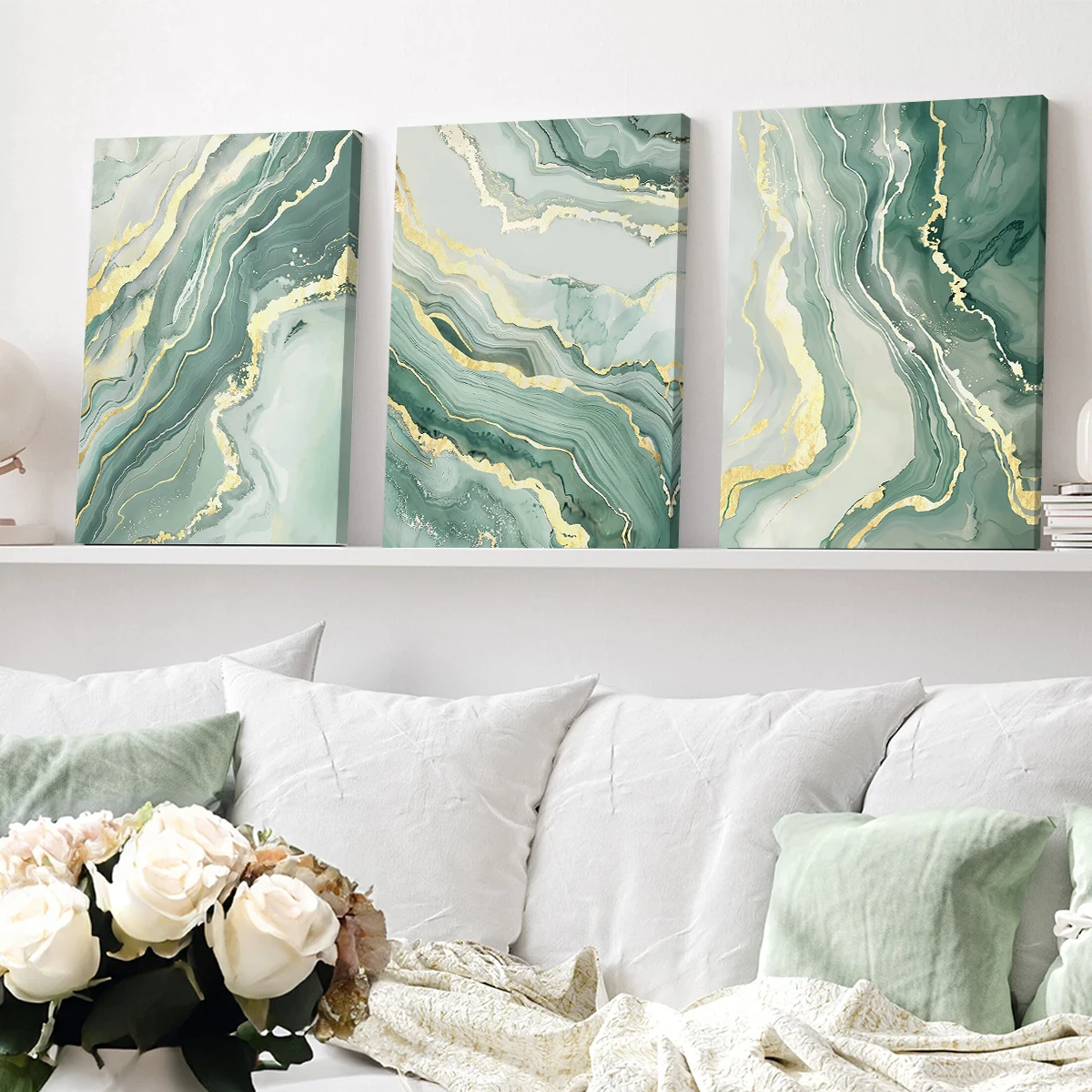 3pc Luxury Framed Abstract Green and Gold Foil Leaves Canvas Art Modern Plant Poster for Living Room Wall Decor Unframe