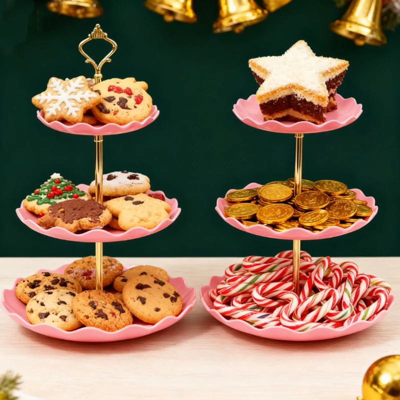 2/5 قطعة رف كعكة وردي فاخر لطاولة الحلوى صينية حلوى شاي بعد الظهر صينية كعك ثلاثية الطبقات، مناسبة لعيد الميلاد. #4