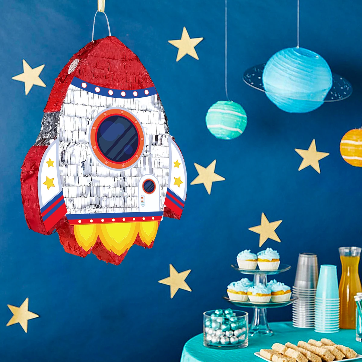 Juego de Pinata con tema de cohete del espacio exterior, palo con venda para los ojos, decoración para fiesta de cumpleaños, Baby Shower, 1 Juego