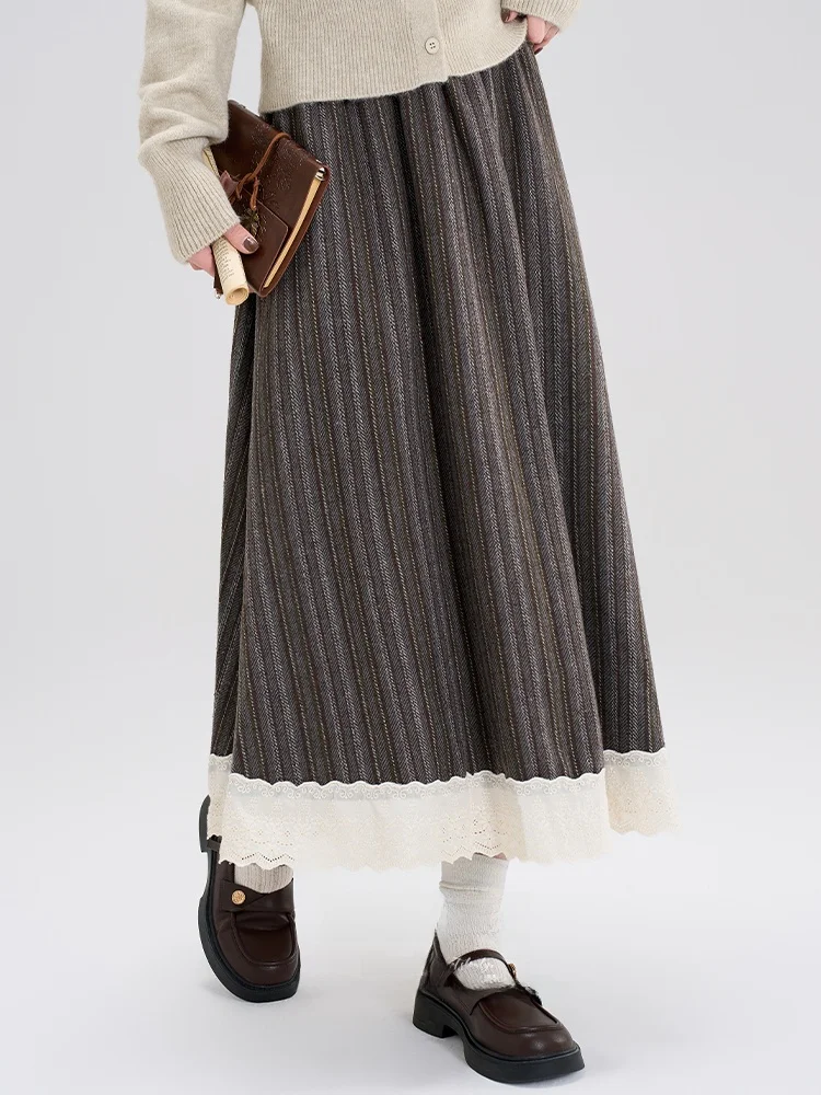 

Юбка А-силуэта с высокой талией, женская, винтажная, с кружевной отделкой, пэчворк, из смесовой шерсти, весна-лето-осень, новая, свободного кроя