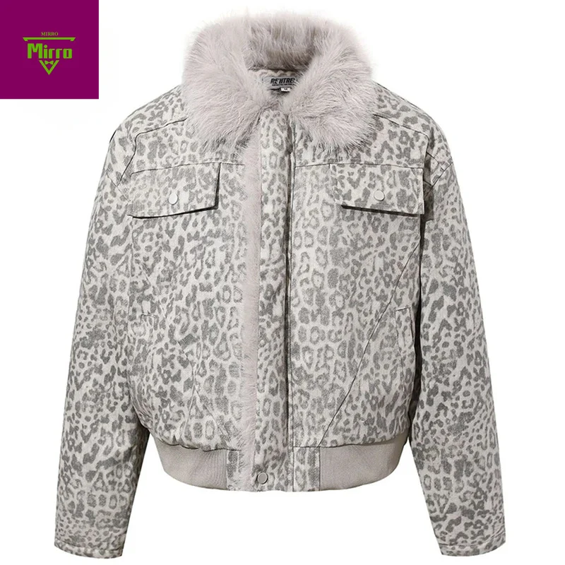 

Men Winter Jackets Leopard Coats Thicken Warm Parkas Vintage Fur Collar Padded Jackets Outwear
