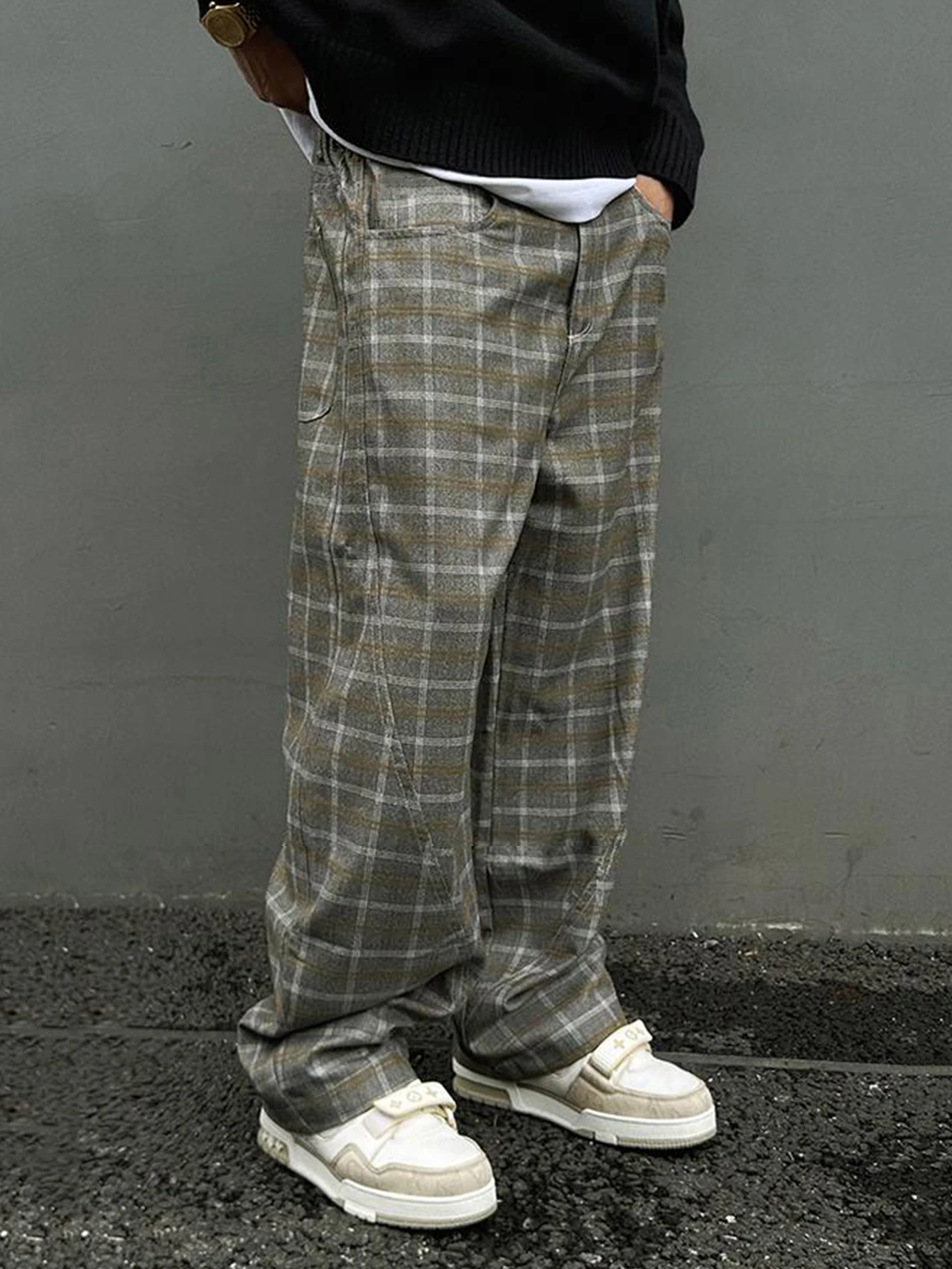 Herrenhose mit Karomuster, modische, lockere Hose mit geradem Bein, geeignet zum Einkaufen und Reisen. – Detail 6