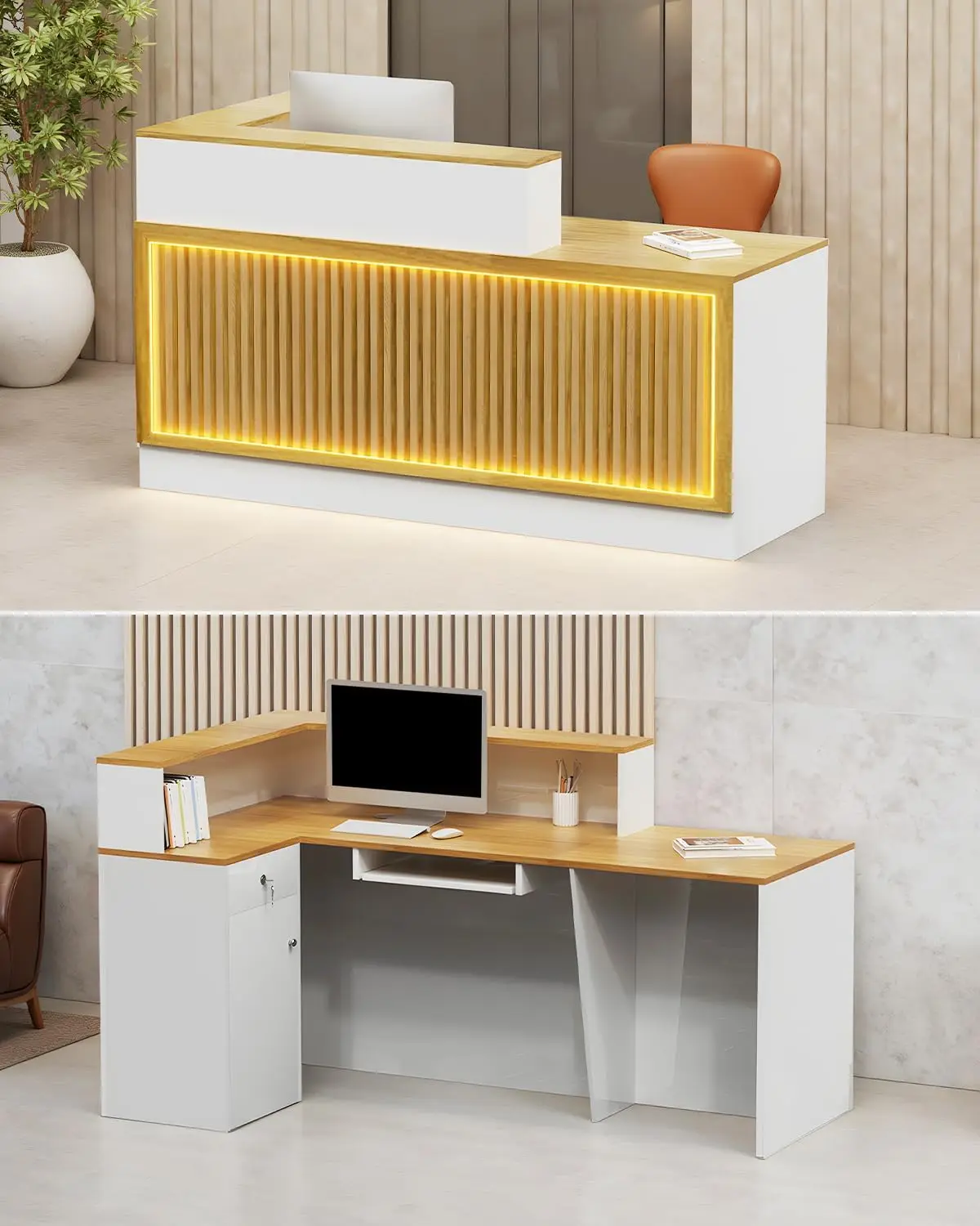 Reception Desk, Solid Wood Front Desk with Counter & Lockable Drawers, Retail Checkout Customer 2 Person Secretary Desk