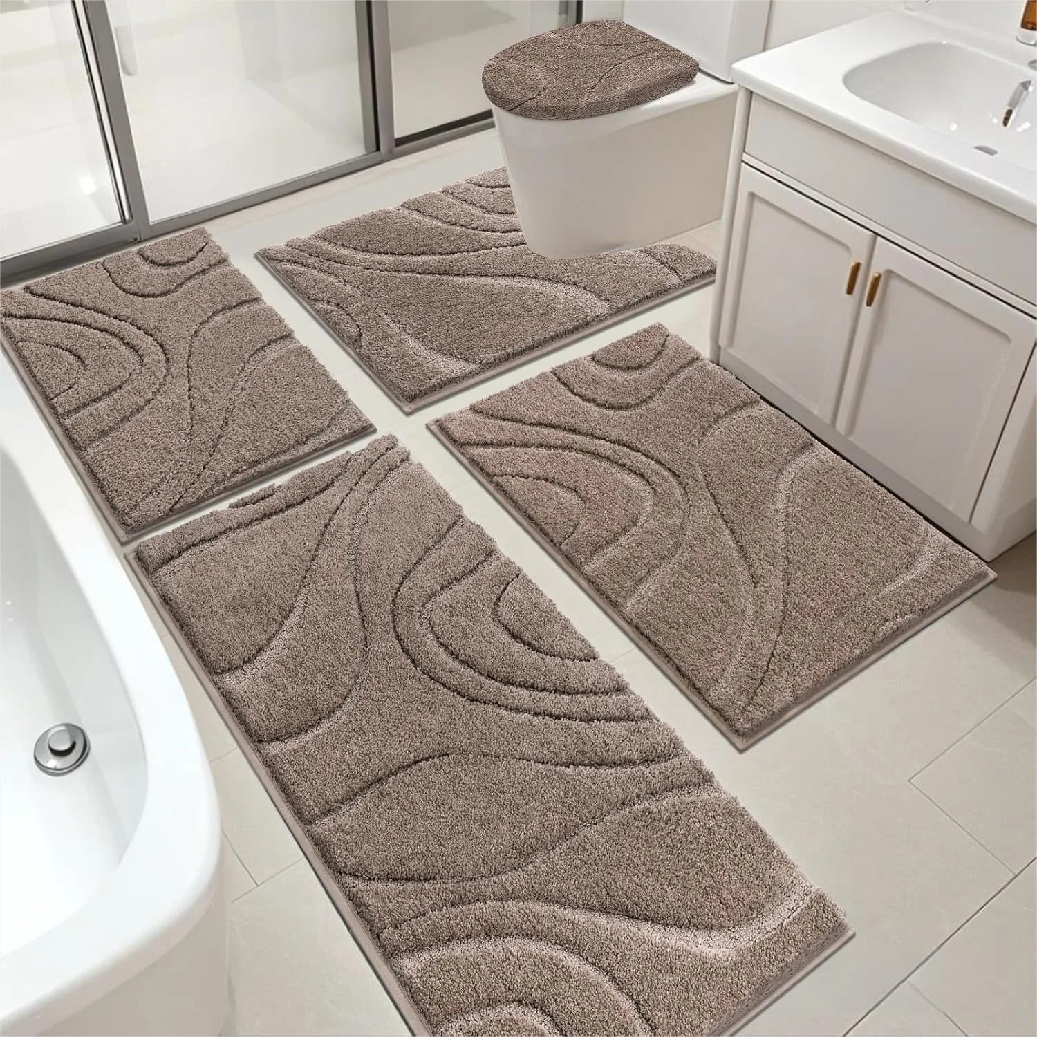 

Bathroom Rugs Sets 5 Piece, Soft Absorbent Microfiber Bath Mat, Non Slip Washable with Toilet Cover and U-Shaped Rug, Coffee