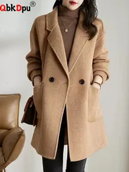 Elegant Lapel Loose Woolen Jackets Tops Women Casual Long Sleeve Wool Blend Coats Blusas Korean Fashion Solid Mid Length Abrigos