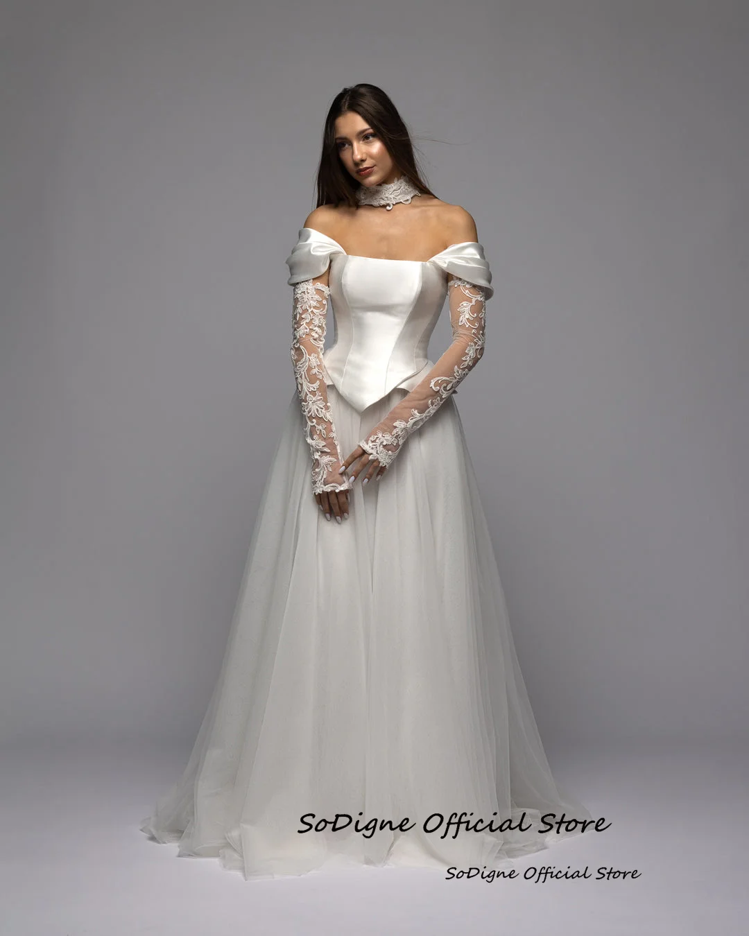 SoDigne A-line Satin/Tulle Two Piece Wedding Dresses 2026 Off Shoulder Bridal Dress Long Bride Gown Vestidos De Novia Customized