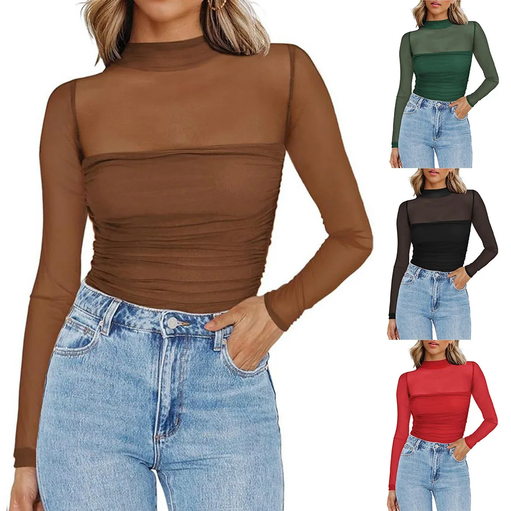

Sexy Sheer Turtleneck Top Mesh Long Sleeve Crop Top Y2K Gothic Clubwear Top Transparent Layered Mesh Soft Stretchy Fit Tee