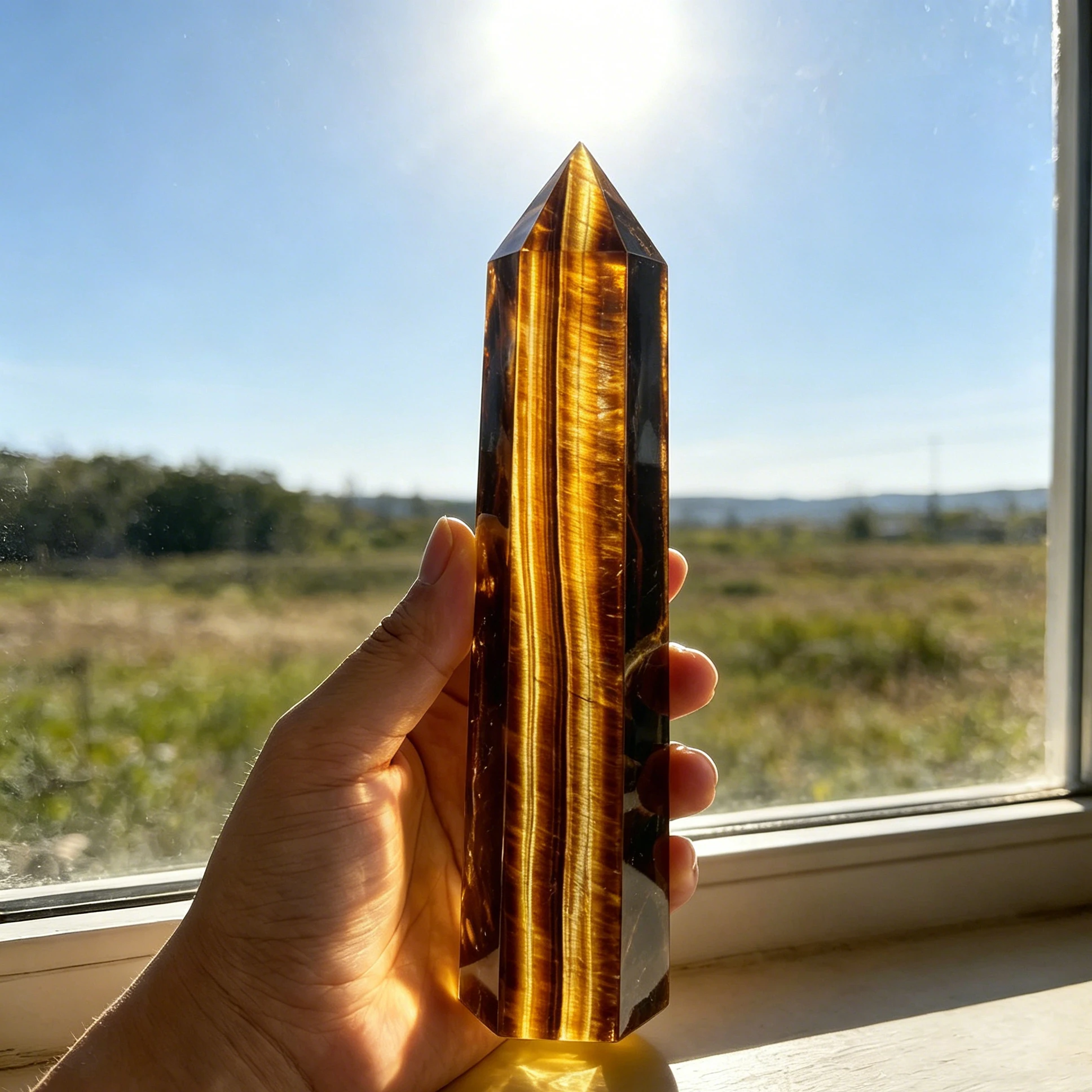 Large Natural Tiger Eye Crystal Obelisk Tower Point 6 Faceted Big Wand 15-17cm Chatoyant High Quality Hand Polished Dreamlike Gem Figurine Home Decor Desk Ornament Office Decor Room Decor Bedroom Decor Table Centerpiece Collectible Specimen Lucky Gift Set