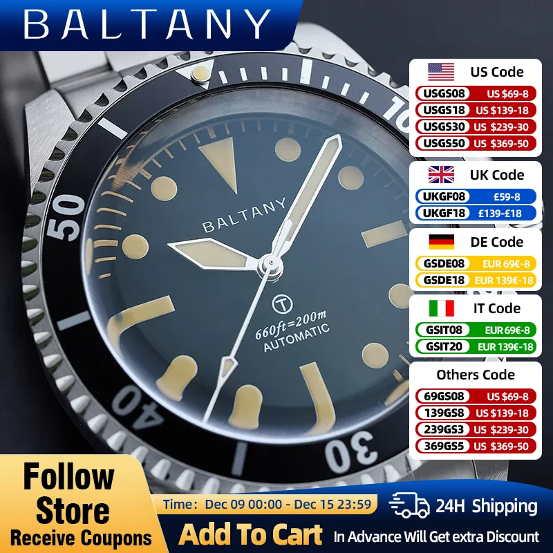 Baltany Militarily MilSubmariner Watches Leather Sapphire Crystal Luminous 20BAR Bracelect Stainless Steel Vintage Diving Watch