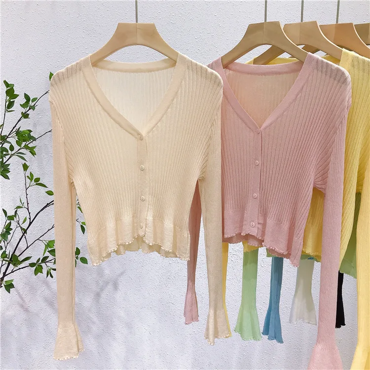 

3181 Элегантный и теплый ~ летний вязаный кардиган с v-образным вырезом в гонконгском стиле и рукавами-колокольчиками, облегающий фигуру, защитная рубашка от солнца