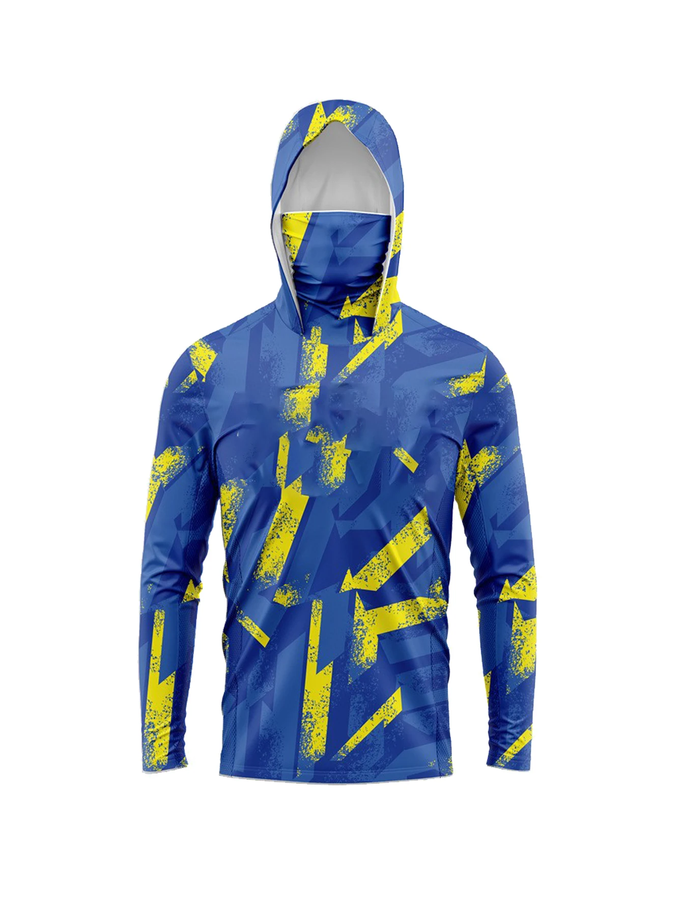 Dark Cyan Terrain Line Camo Men Fishing Hooded Shirt Built-in Face Cover UPF50+ Sun Protection Quick-Dry Long Sleeve Tops view 5