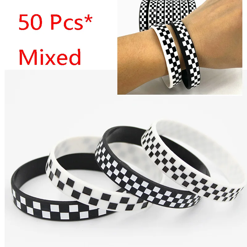 50 Pcs Plaid Checkered Silicone Bracelet Ink Filled Logo Bangle Adult Size