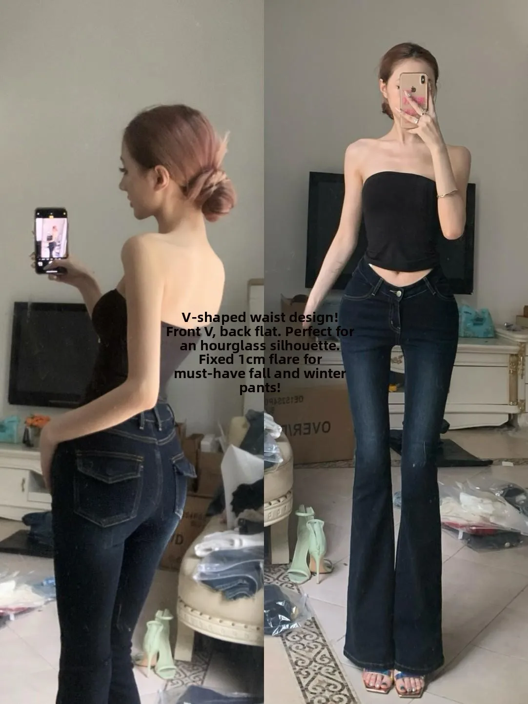 

Fatal V Waist Fixed plus Size Jeans Blue Bla Micro Flared Pants Pear aped Waist Hip Ratio Godd Long Trousers for Women