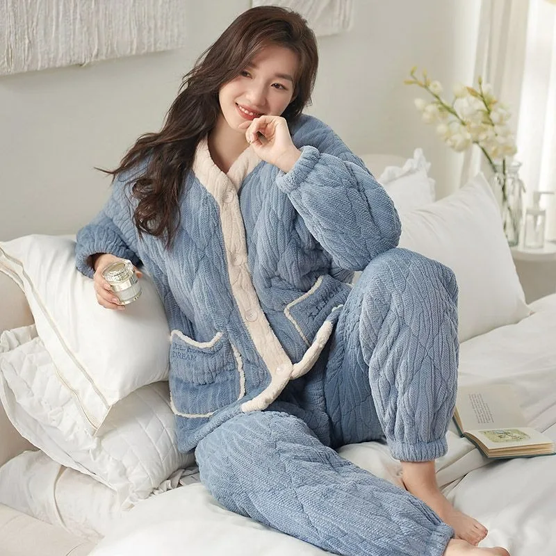 

Winter New Coral Velvet Pajamas Women Fleece-lined Thickened Three-Layer Quilted Sleepwear Thermal Flannel Female Homewear Suit