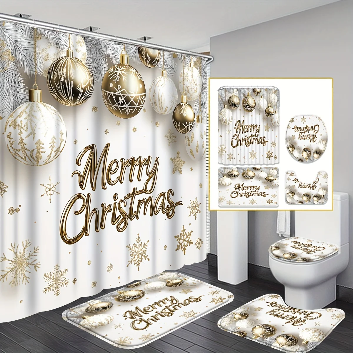 

Рождественский золотой и белый душевой набор из 4 предметов — счастливая рождественская сцена, 12 крючков, нескользящий коврик, крышка унитаза, коврик для ванной, праздничный декор