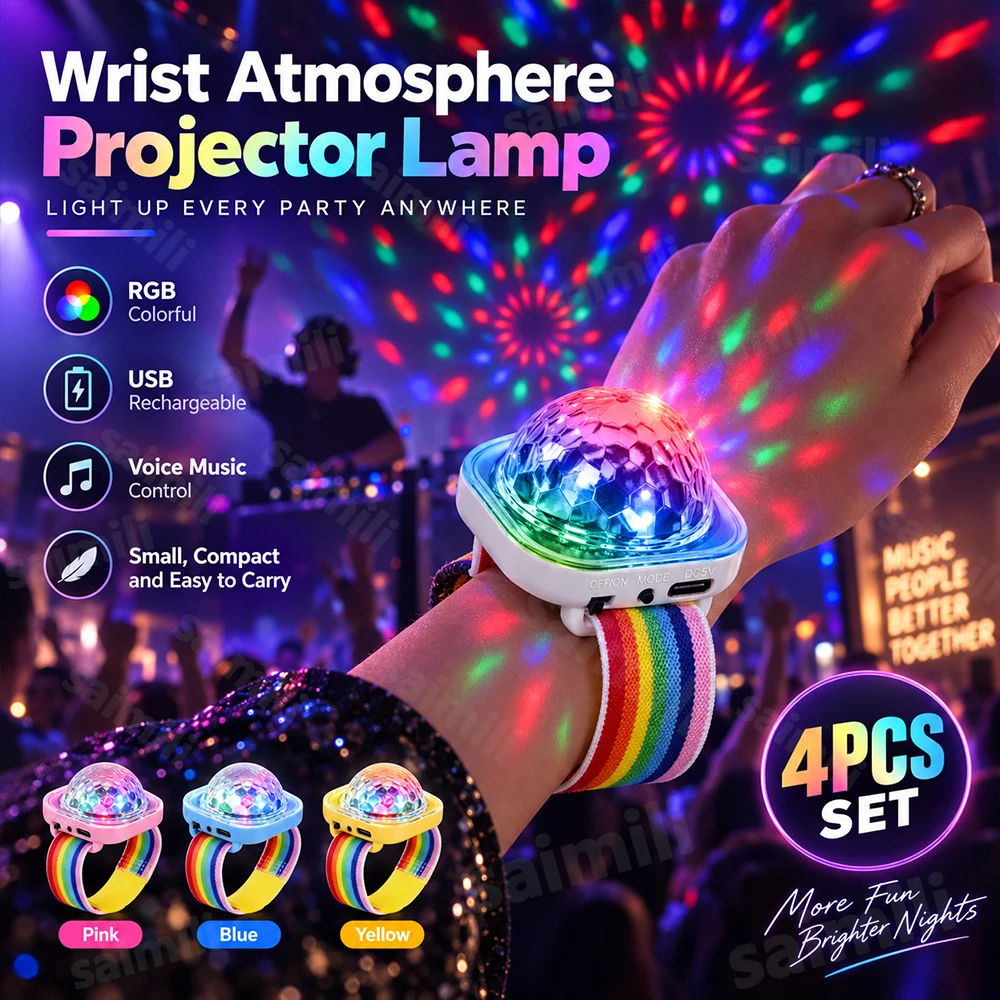 4PCS USB Charging Wearable Disco Bracelet Light RGB Sound Control Wrist Magic Ball Lamp Portable Flashing Stage Atmosphere Light