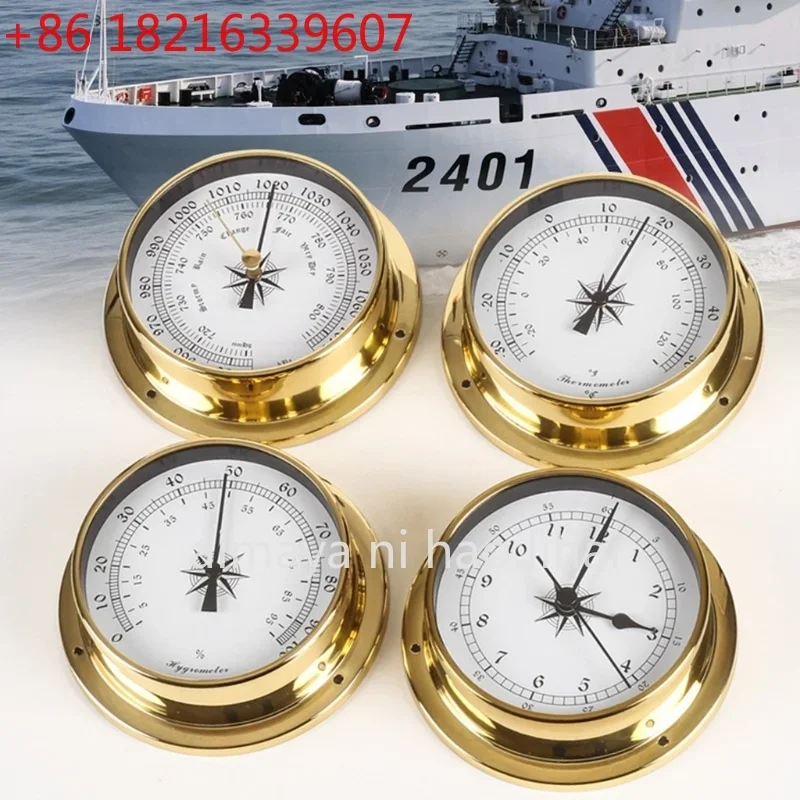 YAO 115Mm Copper Shell Marine Barometer Atmospheric Pressure Gauge Thermohygrometer Clock 4-piece Set Battery-Free Weather Forec