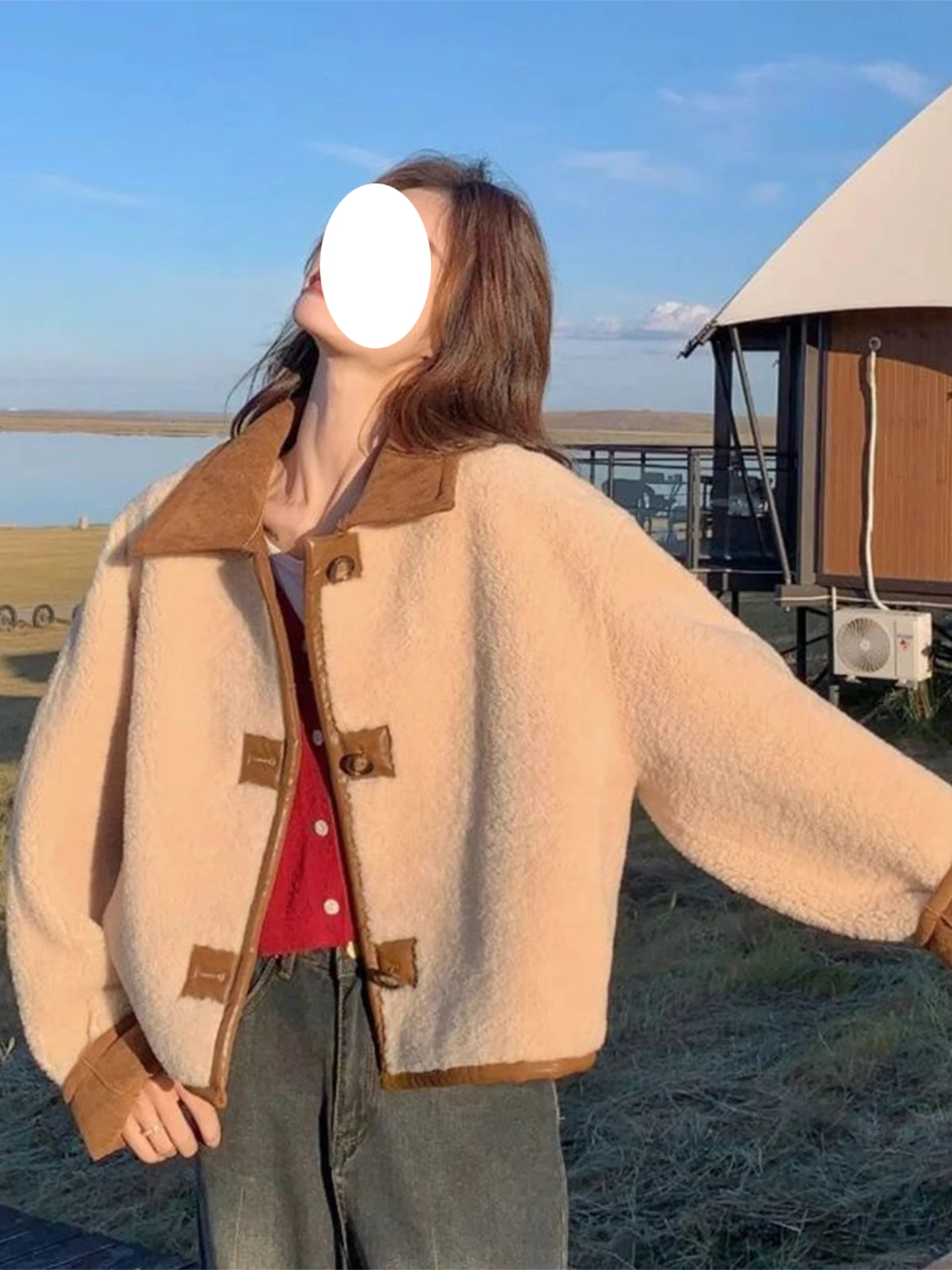 Dubbelzijdig draagbaar suède lamsbontjas voor dames, verdikte herfst-winter bovenkleding, warme, korte jas voor woon-werkverkeer