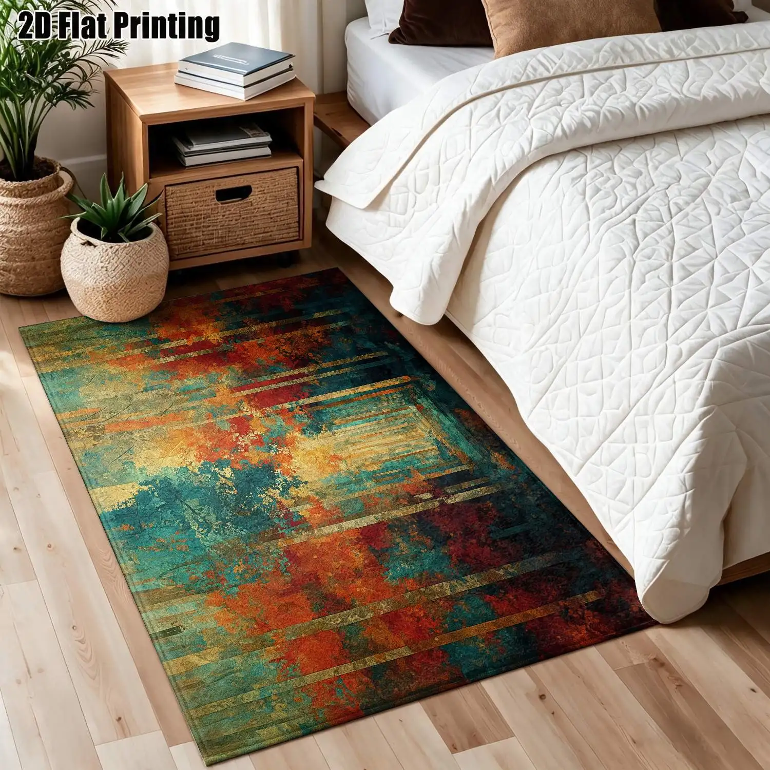 1Pc 2D Printed Retro Red Blue Geometric Nordic/European Modern Minimalist Carpet, Machine Washable, Multi-Size, Suitable for Home Decor, Entrance, Living Room, Bedroom, Dining Room, Foyer
