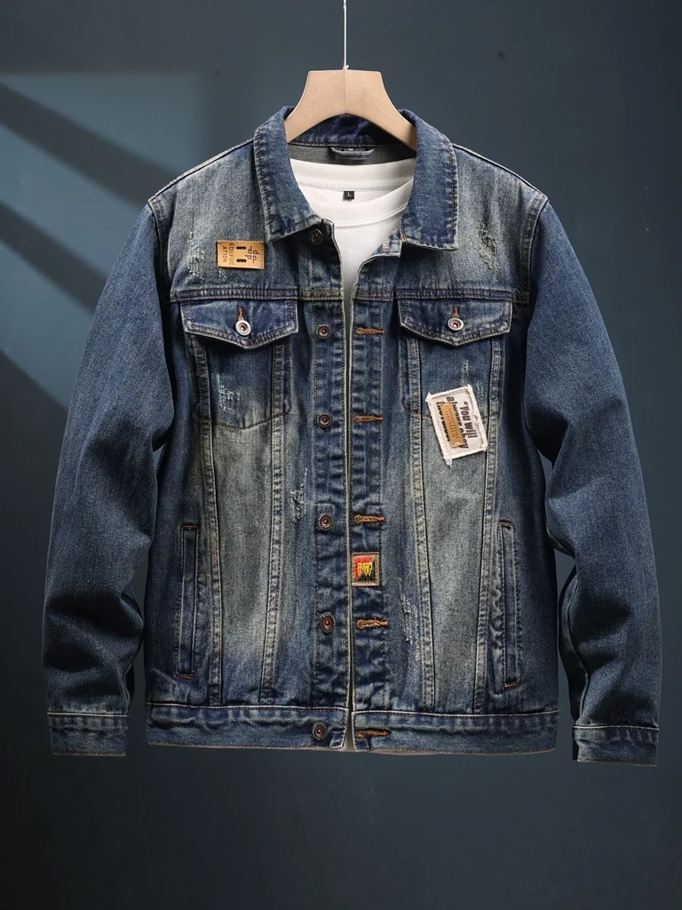 

Luxury Men's Denim Jacket Fashionable Retro American Casual Print Motorcycle Jacket Versatile Youth Trend Cotton Polyester Blend