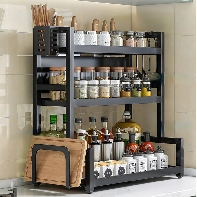 2/3Layers Spice Rack Seasoning Storage Rack Door Spices Jars Condiments Cutting Board Knife Racks Drain Stand Kitchen Organizer