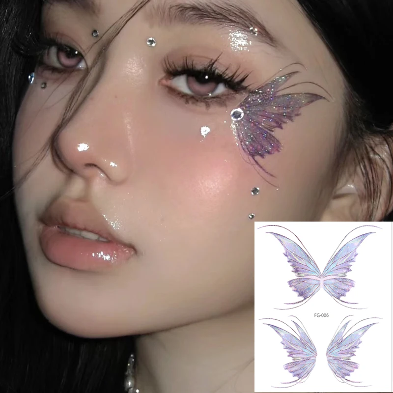 3D Fee Schmetterling Flügel Glänzende Tattoo Aufkleber Wasserdichte Augen Gesicht Körper Kunst Gefälschte Tattoos Für Frauen Make-Up Tanz Musik