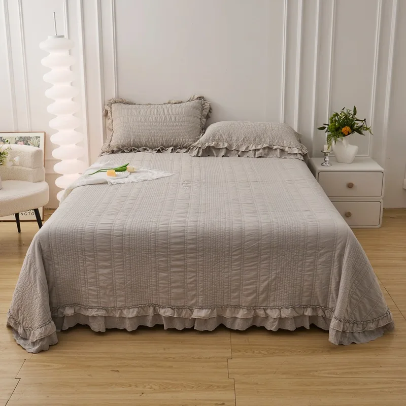 High-Temperature Sandwashed Soft Quilted Bedspread 3-Piece Set with Ruffles, Solid Color Quilt & Coverlet, 100% Cotton Thick She