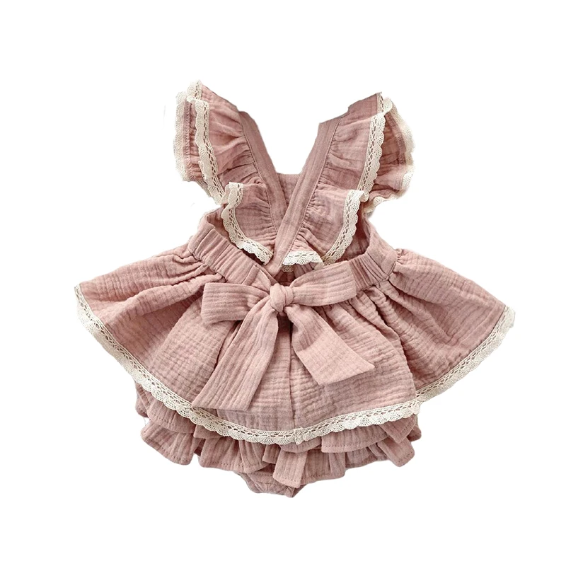 1 Set Vintage Baby Girl Sleeveless Criss-Cross Dress Kid Ruffles Dress+Lace Shorts Todder Princess Dresses Children Clothing 4T