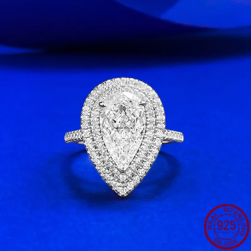 New S925 Silver Full Diamond Pear shaped 7 * 11 High Carbon Diamond Ice Flower Water Drop Ring, Wedding Jewelry