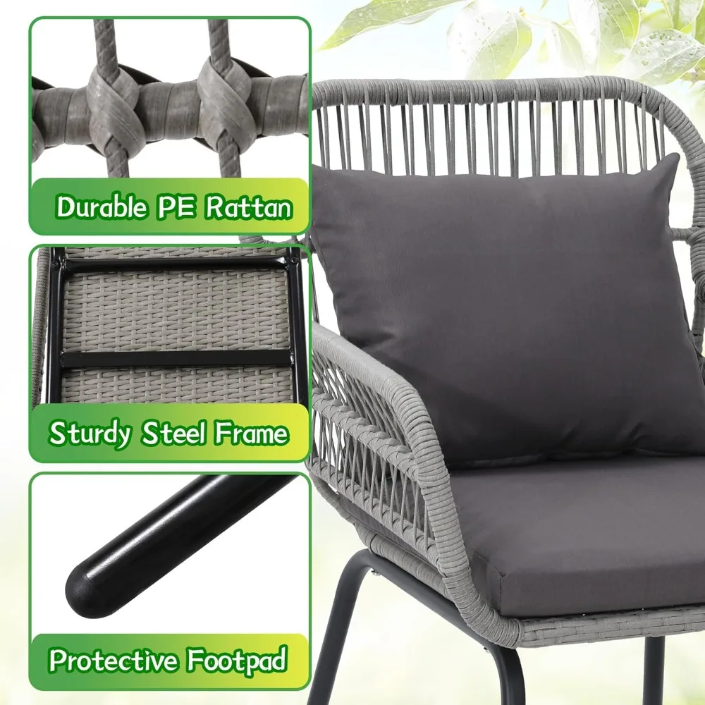 3 Pieces Rattan Wicker Bistro Set, Outdoor Conversation Set, Wicker Rattan Furniture Set with Glass Top Table, Space Saving