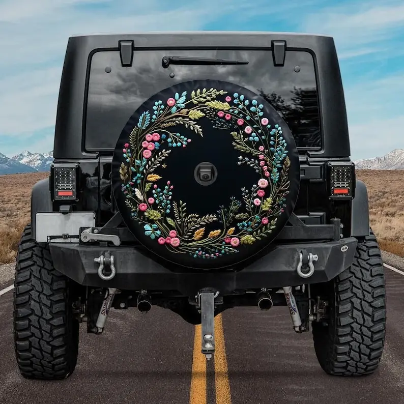 

Faux Embroidery Wreath Spare Tire Cover, Botanical Tire Cover, Unique Spare Tire Covers Backup Camera Hole, Floral Car accessori