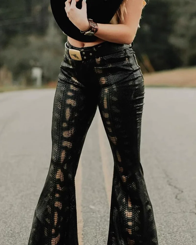 

Snake Pattern Tight Flared Leather Black Pants Skinny Long Pants