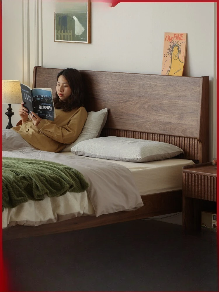 North American black walnut solid wood bed, Japanese modern minimalist