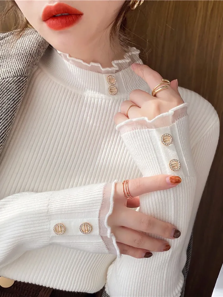 2024 Knitted Women Sweater O-neck Button Pullovers Spring Autumn Basic Sweaters for Female Pullover Slim Solid Bold Lace Tops